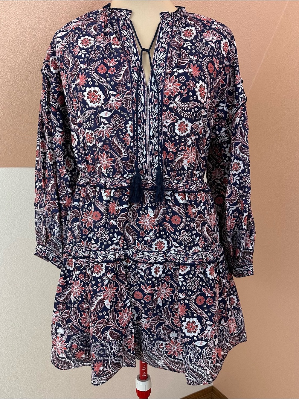 Chelsea & Violet Womens XL Navy Floral Cotton Dress Boho Tassel NWT $108
